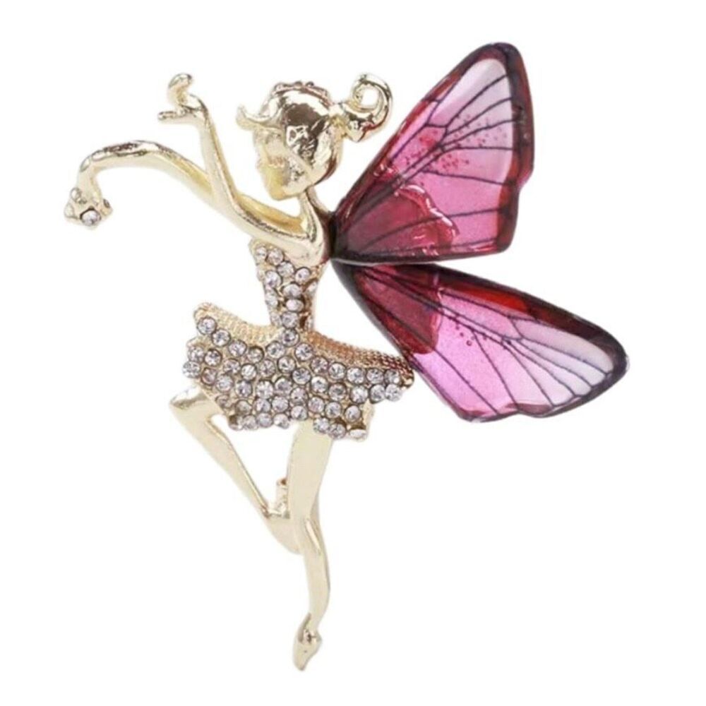 Beautiful Rhinestone & Resin Dancing Ballerina Fairy Rainbow Brooch Pin Pink